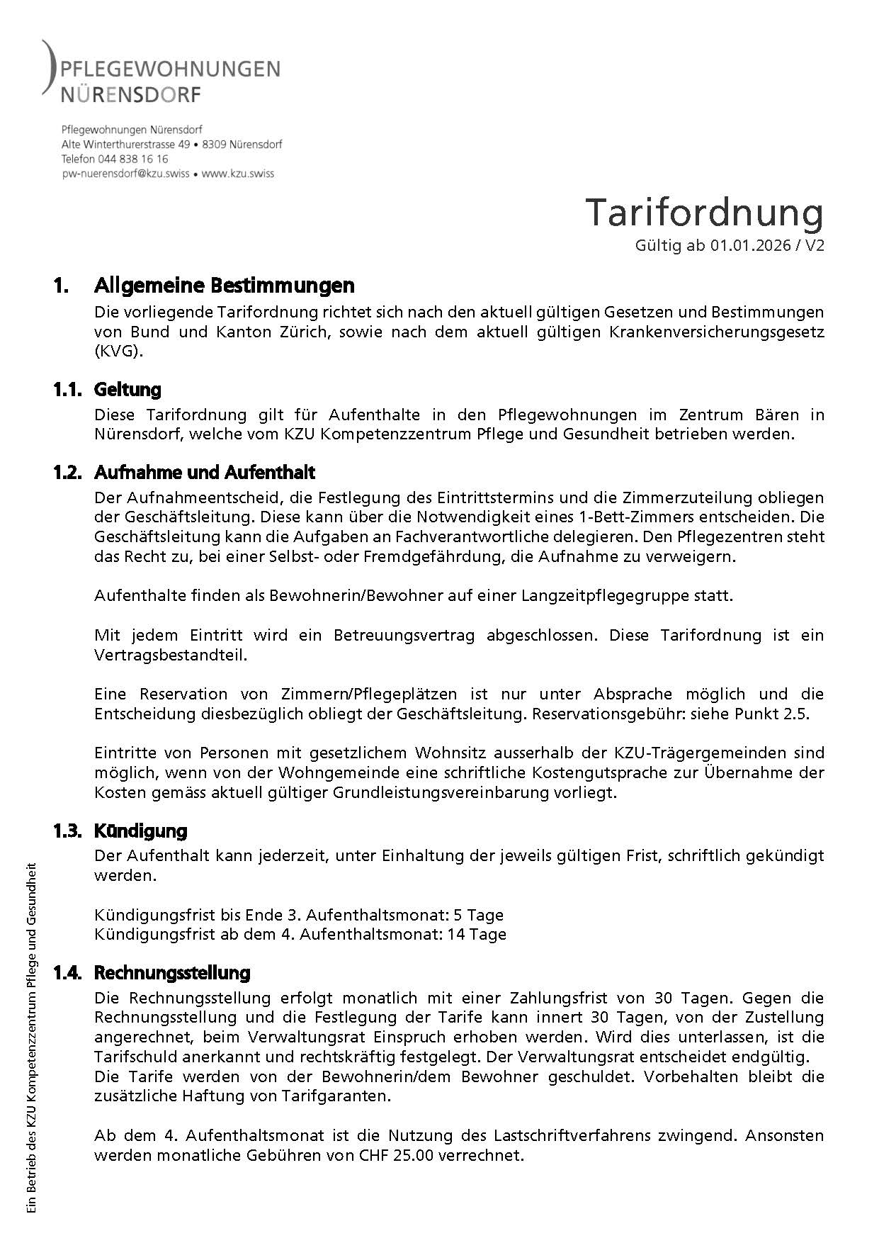 Tarifordnung Pflegewohnungen Nürensdorf 2026