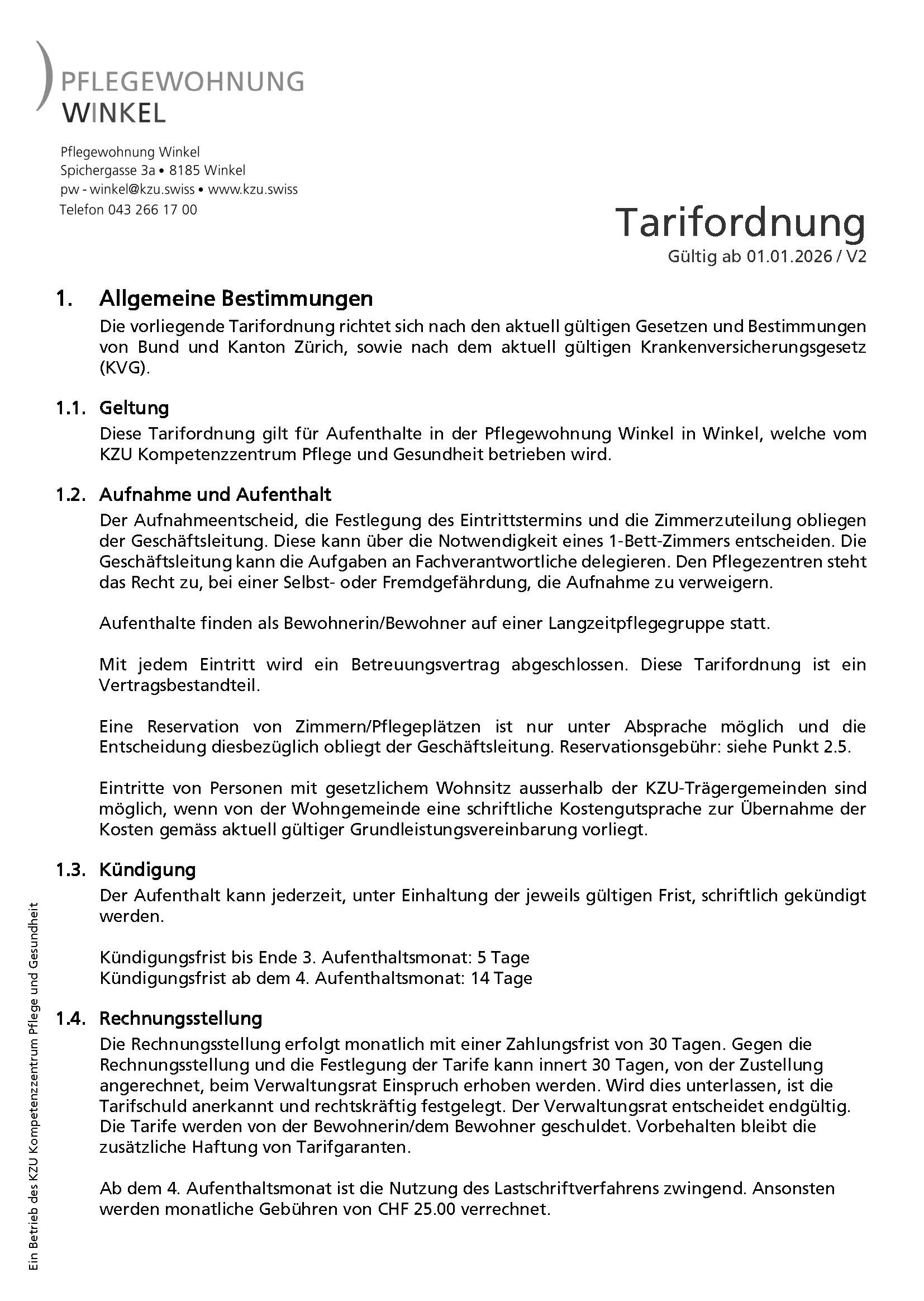 Tarifordnung Pflegewohnungen Winkel 2026